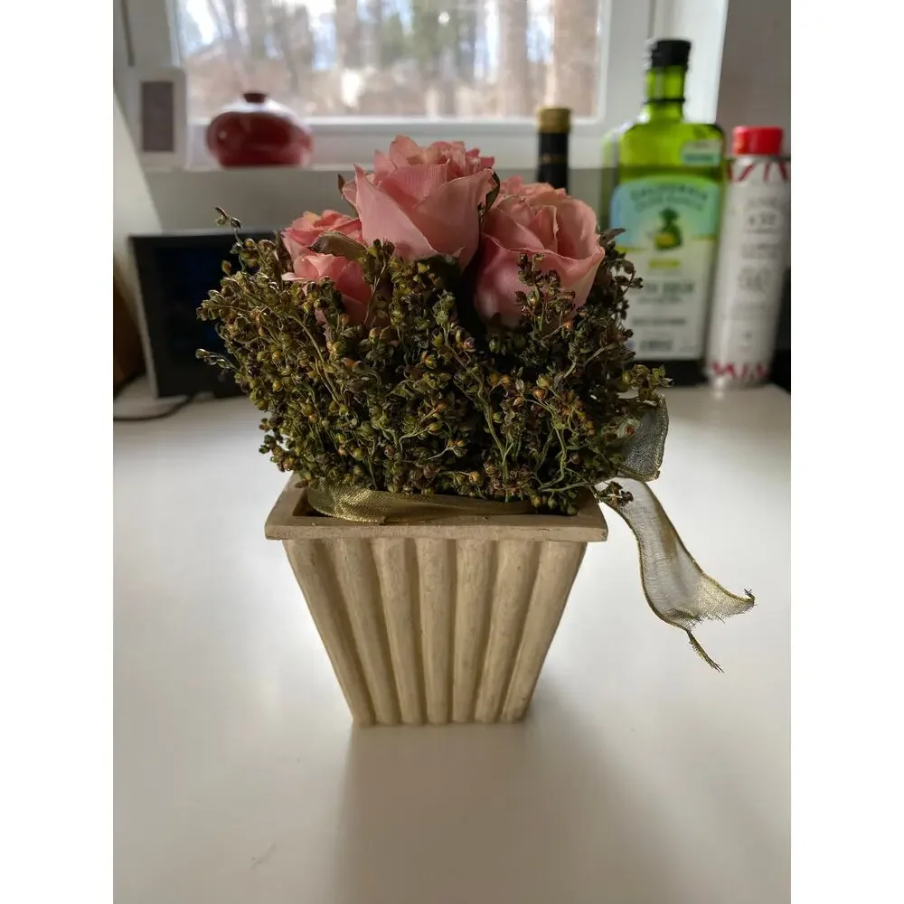 Petite Urn with 9 Pink‎ Mini Rose Fabric Flowers & Greenery Organza Ribbon